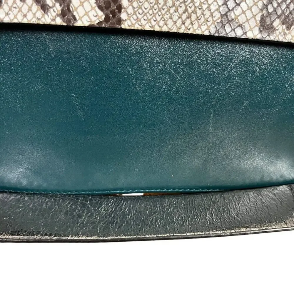 Trina Turk Womens Leather Handbag Teal Snakeskin Purse Flap Pocket Silver Gold